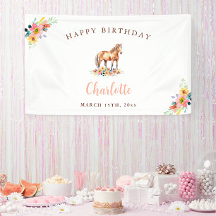 Aangepaste Pony Verjaardag Schattige Paard Bloemen Spandoek
