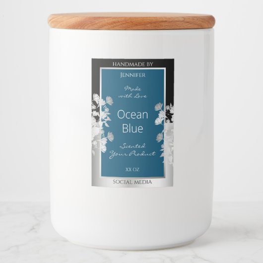Aangepaste productetiketten Ocean Blue met Silver  Voedselcontainer Etiket (Voorkant)