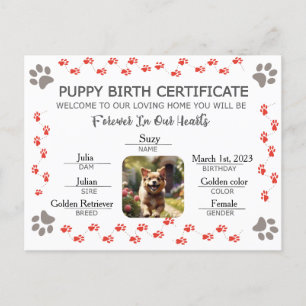 Aangepaste Puppy Geboortecertificaat Feestdagenkaart