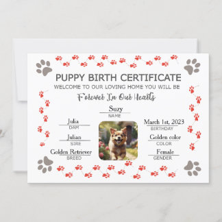 Aangepaste Puppy Geboortecertificaat Kaart