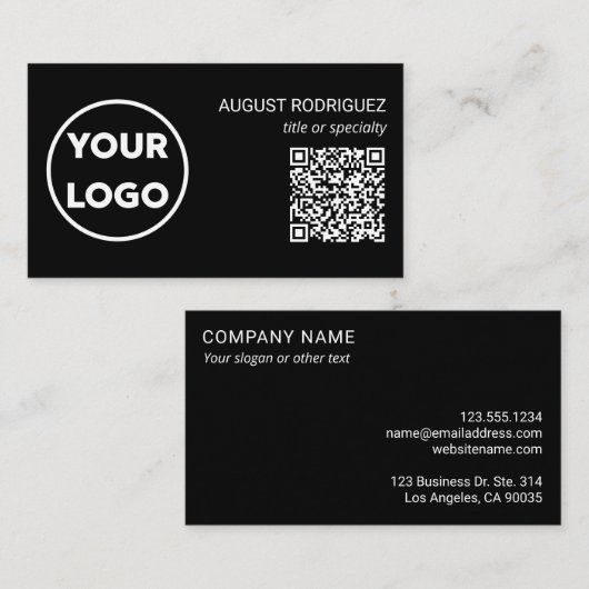 Aangepaste QR Code Business Logo Modern Black Visitekaartje (Voorkant / Achterkant)