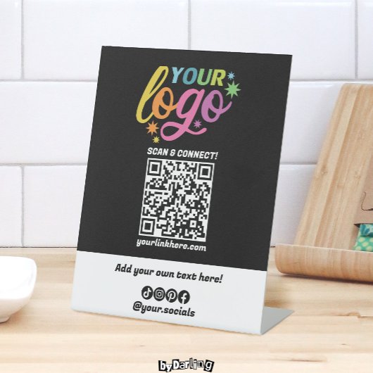Aangepaste QR Code Logo Socials Zwart Wit Regenboo Reclamebord Met Voetstuk