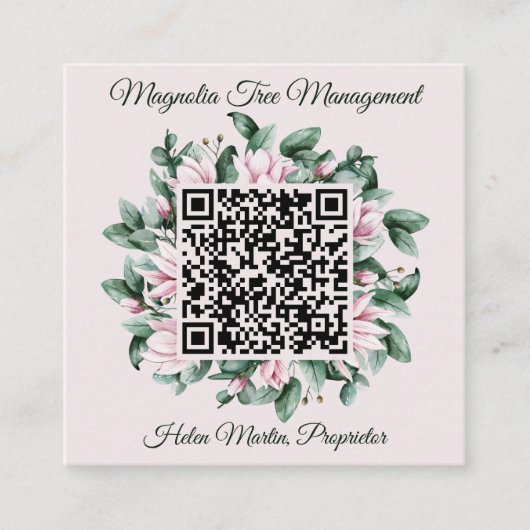 Aangepaste QR-code Magnolia Flower Lijst Vierkante Visitekaartje (Voorkant)