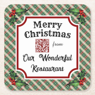Aangepaste QR-code Restaurant Christmas Plaid Vierkante Kartonnen Onderzetter