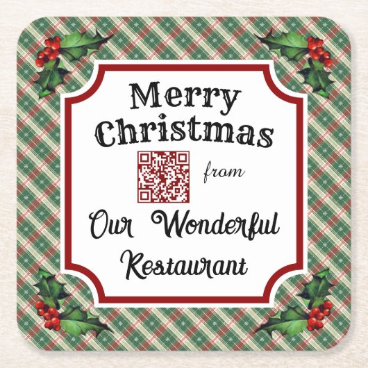 Aangepaste QR-code Restaurant Christmas Plaid Vierkante Kartonnen Onderzetter (Voorkant)