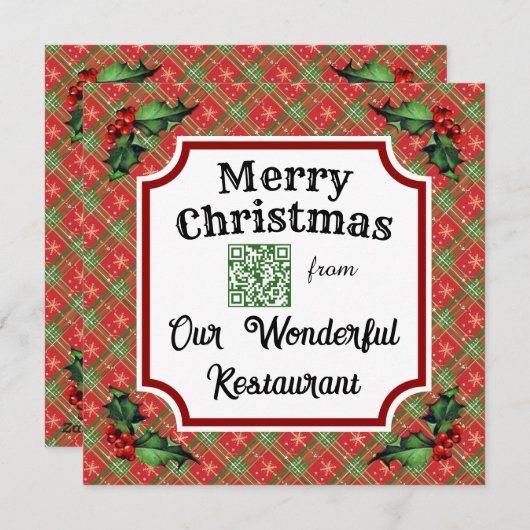 Aangepaste QR Code Restaurant Kerst Rood Plaid Feestdagenkaart (Voorkant / Achterkant)