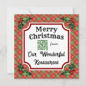 Aangepaste QR Code Restaurant Kerst Rood Plaid Feestdagenkaart (Voorkant)