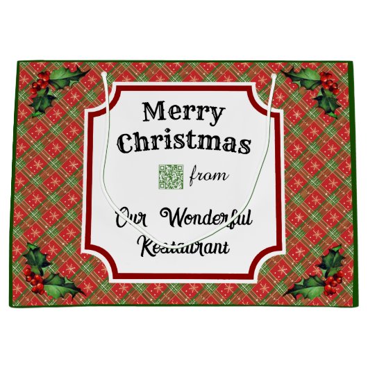 Aangepaste QR Code Restaurant Kerst Rood Plaid Groot Cadeauzakje (Voorkant)