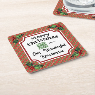 Aangepaste QR Code Restaurant Kerst Rood Plaid Vierkante Kartonnen Onderzetter