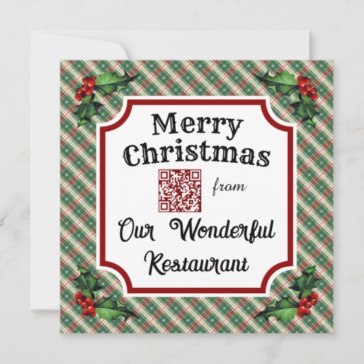 Aangepaste QR-code restaurant Kerstmis Plaid Feestdagenkaart (Voorkant)