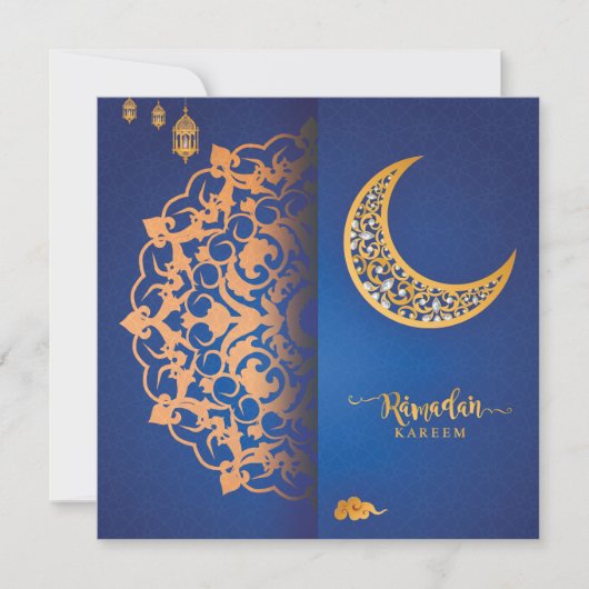 Aangepaste Ramadan Kareem Mubarak Blauw & Goud 4 Feestdagenkaart (Voorkant)