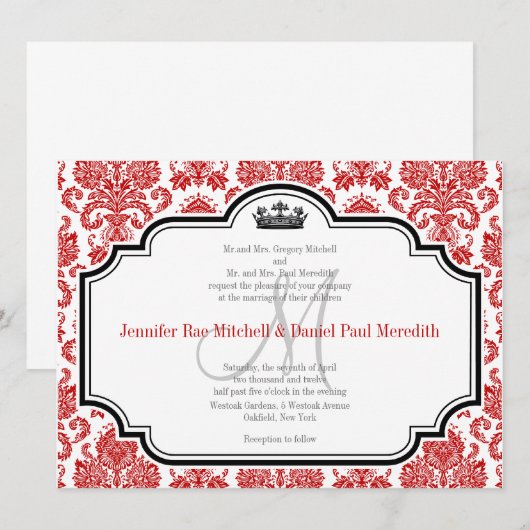 Aangepaste Red Damask Black White Wedding-uitnodig Kaart (Voorkant / Achterkant)