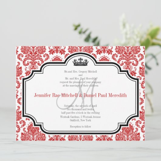Aangepaste Red Damask Black White Wedding-uitnodig Kaart (Staand voorkant)