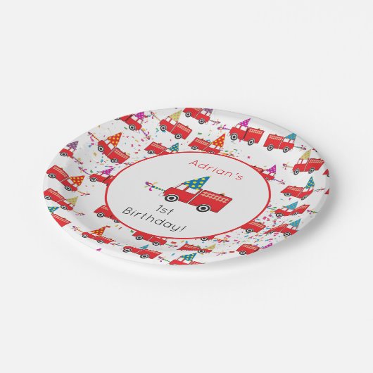 Aangepaste Red Fire Truck Party Pattern Birthday Papieren Bordje (Gekanteld)