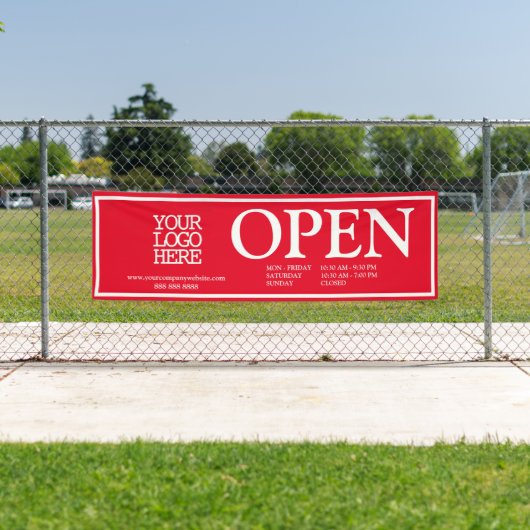 Aangepaste Red White Business Logo Open Uren Spandoek (Insitu)