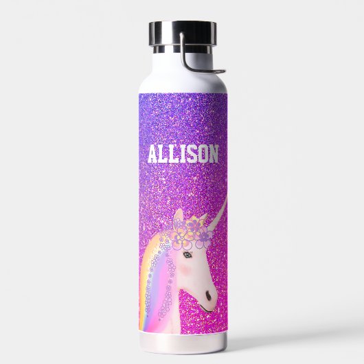 Aangepaste regenboogUnicorn Paars Glitter Kinder Waterfles (Links)