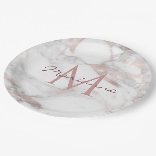 Aangepaste rendy Roos Gold Marble Monogram Sjabloo Papieren Bordje (Gekanteld)