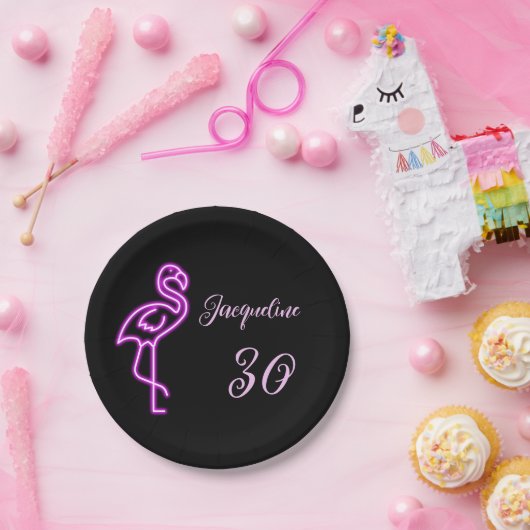 Aangepaste retro 30e verjaardag neon roze flamingo papieren bordje (Feest)