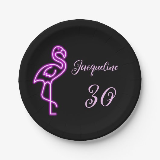 Aangepaste retro 30e verjaardag neon roze flamingo papieren bordje (Voorkant)