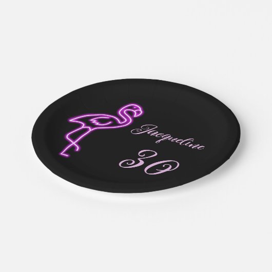 Aangepaste retro 30e verjaardag neon roze flamingo papieren bordje (Gekanteld)