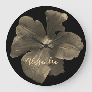 Aangepaste Retro Bloem Zwart Goud Waterverf Bloem  Grote Klok