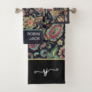 Aangepaste Retro Bloem Zwart Paisley Bad Handdoek
