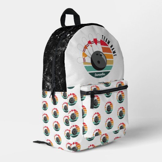 Aangepaste Retro Bowling Pins Team & Speler Naam Bedrukte Rugzak (Achterkant Hoek Links)