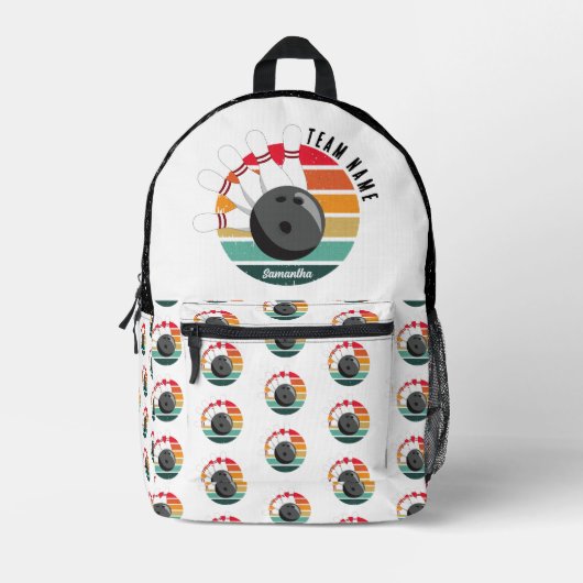 Aangepaste Retro Bowling Pins Team & Speler Naam Bedrukte Rugzak (Voorkant)