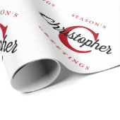 Aangepaste Retro Monogram White Red Black Holiday Cadeaupapier (Rol Hoek)