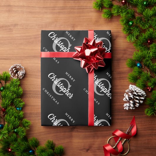 Aangepaste Retro Monogram zwart en witte kerst Cadeaupapier (Feestdagen Geschenken)