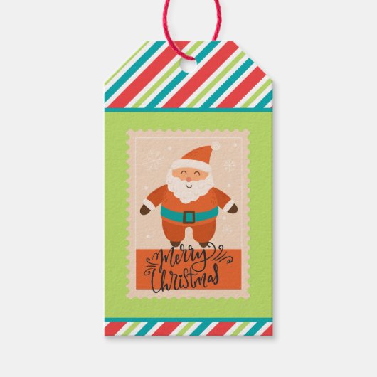 Aangepaste Retro Papier Stamp Stripe Santa Claus S Cadeaulabel (Voorkant)