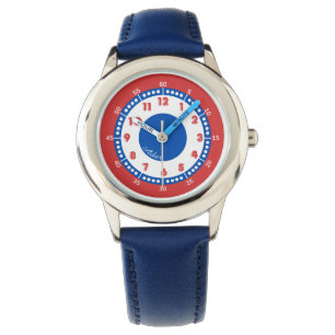 Aangepaste rode & blauwe jongens leren uurwerk   K Horloge