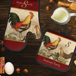 Aangepaste Rode Boerderij  Rooster monogram Ovenwant & Pannenlap Set