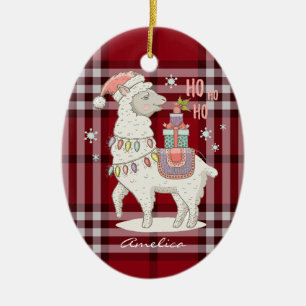 Aangepaste rode buffelcontrole Tartan Llama Alpaca Keramisch Ornament