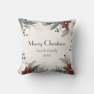 Aangepaste rode en witte aquarel bloemenkerst kussen