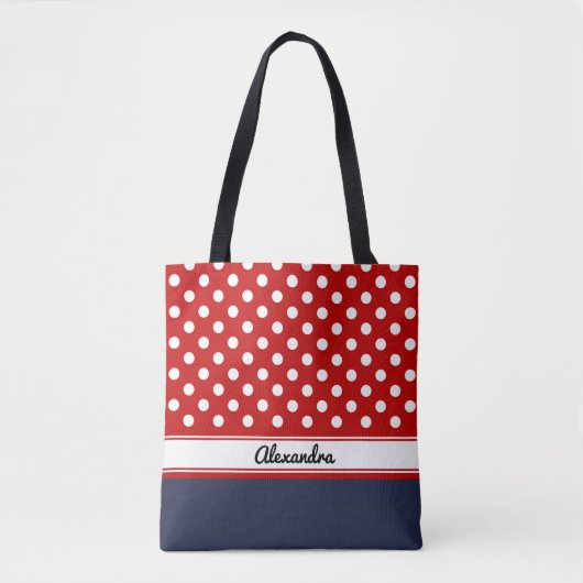 Aangepaste rode en witte poka-stippen met marineba tote bag (Voorkant)