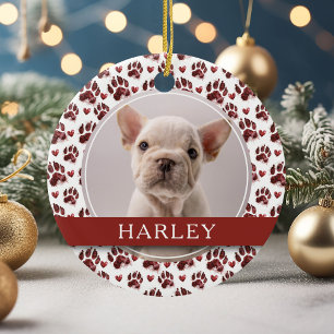 Aangepaste Rode Pet Paw Print 2 Foto Keramisch Ornament