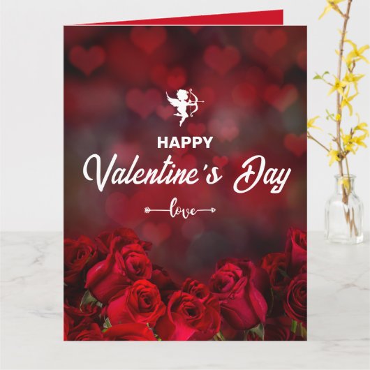 Aangepaste rode rozen Cupido trendy Valentijnsdag Kaart (Gele Bloem)
