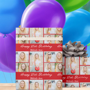 Aangepaste rode verjaardagsfotocollage cadeaupapier