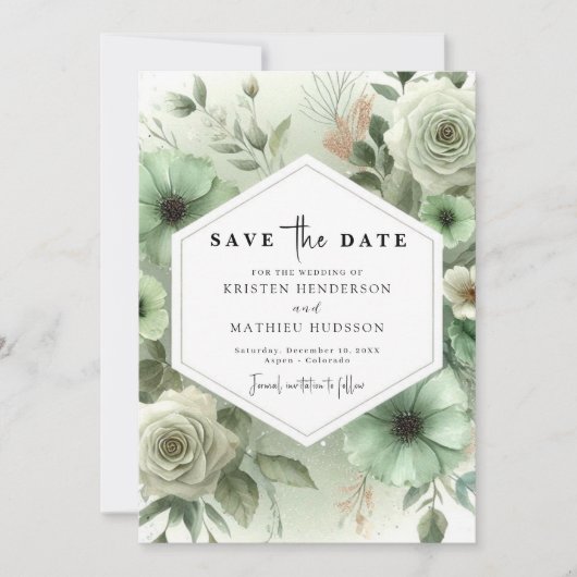 Aangepaste romantische typografie Sage Green Weddi Save The Date (Voorkant)