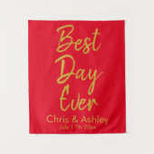 Aangepaste Rood & Goud Trouwreceptie Beste Dag Ooi Wandkleed (Voorkant)