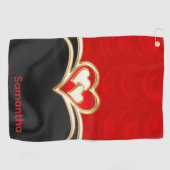 Aangepaste Rood Zwart en Goud Stijlvolle Monogram  Golfhanddoek (Horizontaal)
