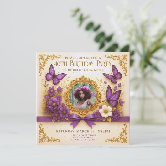 Aangepaste Royal Gold Paarse Vlinder Verjaardagsfe Kaart (Staand voorkant)