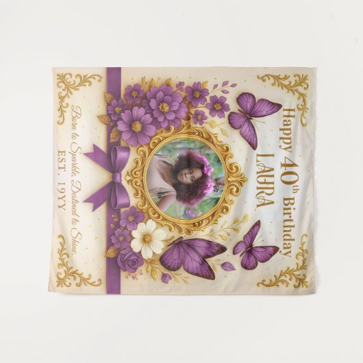 Aangepaste Royal Gold Paarse Vlinder Verjaardagsfe Wandkleed (Voorkant (horizontaal))