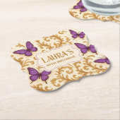 Aangepaste Royal Gold Paarse Vlinderverjaardag Kartonnen Onderzetters (Gekanteld)