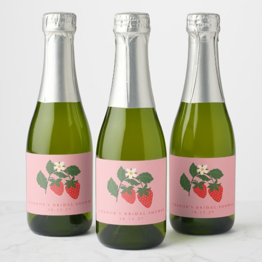 Aangepaste  roze aardbei Boho Vrijgezellenfeest Sparkling Wijnetiket (Flessen)