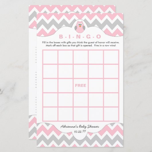 Aangepaste roze baby shower games bingo (Voorkant / Achterkant)