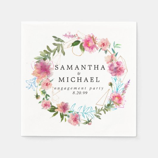 Aangepaste Roze Bloemen & Goud Verlovingsfeest Servet (Voorkant)