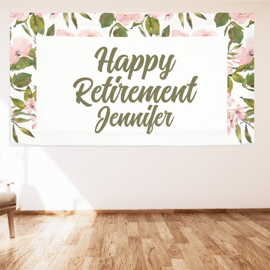 Aangepaste Roze Bloemen Greenery Happy Retirement  Spandoek