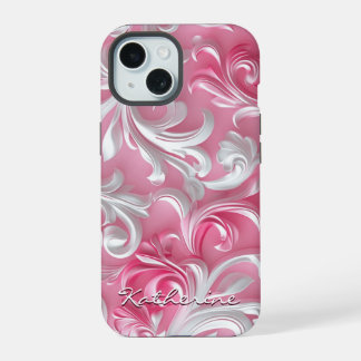 Aangepaste Roze Bloemige iPhone Hoes| Roze & Wit 15 Hoesje